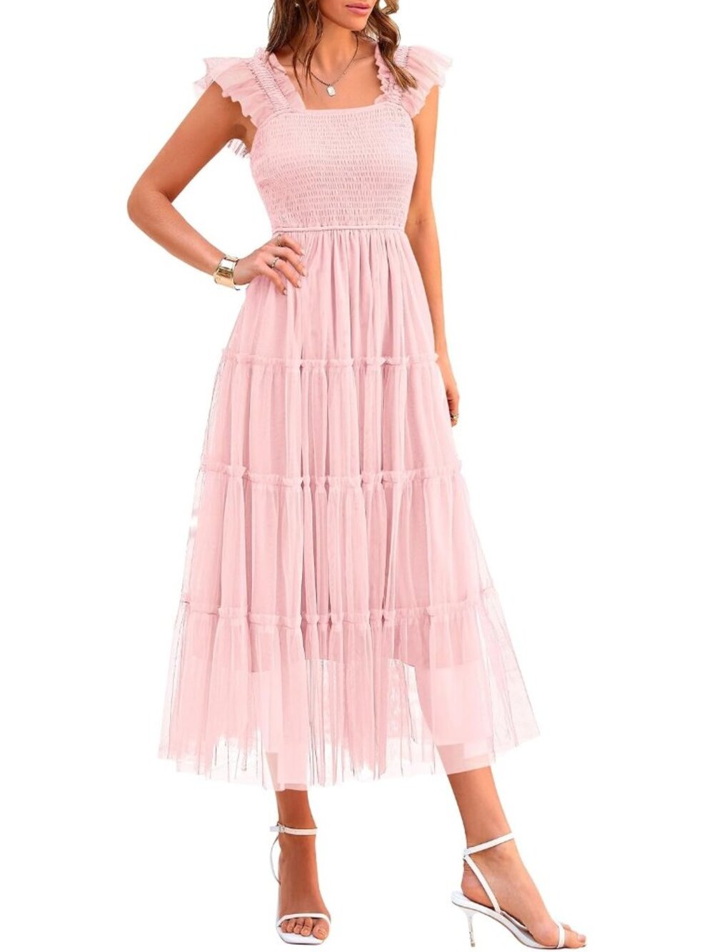 Women's Light Pink Smocked Sleeveless Square Neck A Line Wedding Midi Dresses